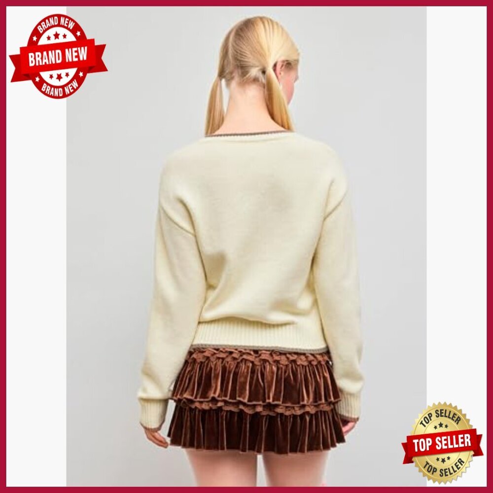 Soft Knit Cropped Pullover Sweater Bear Graphic Long Sleeve Casual Fall - Picture 4 of 7